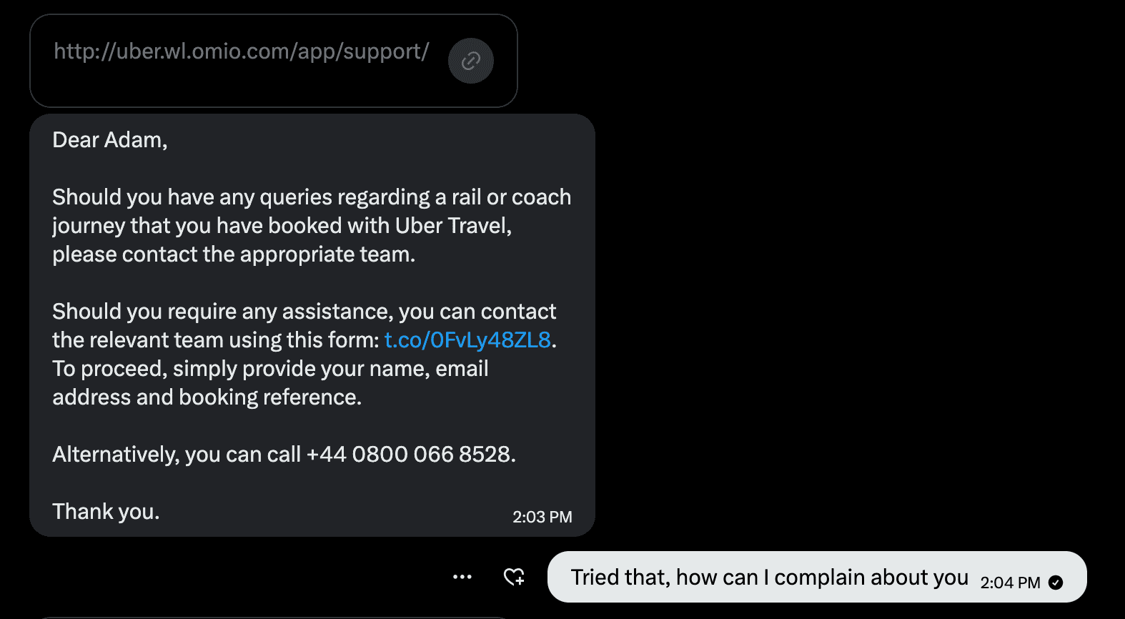 Uber Omio support message stating they cannot help with technical issues